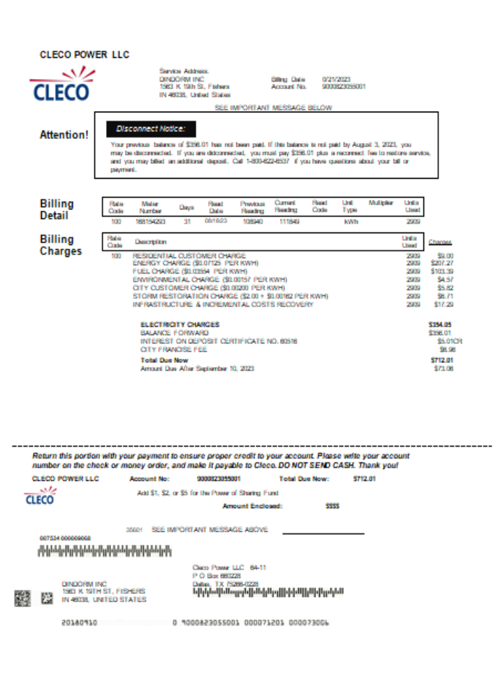 Download Louisiana Cleco Power electricity utility business bill,  SCR Photoshop template